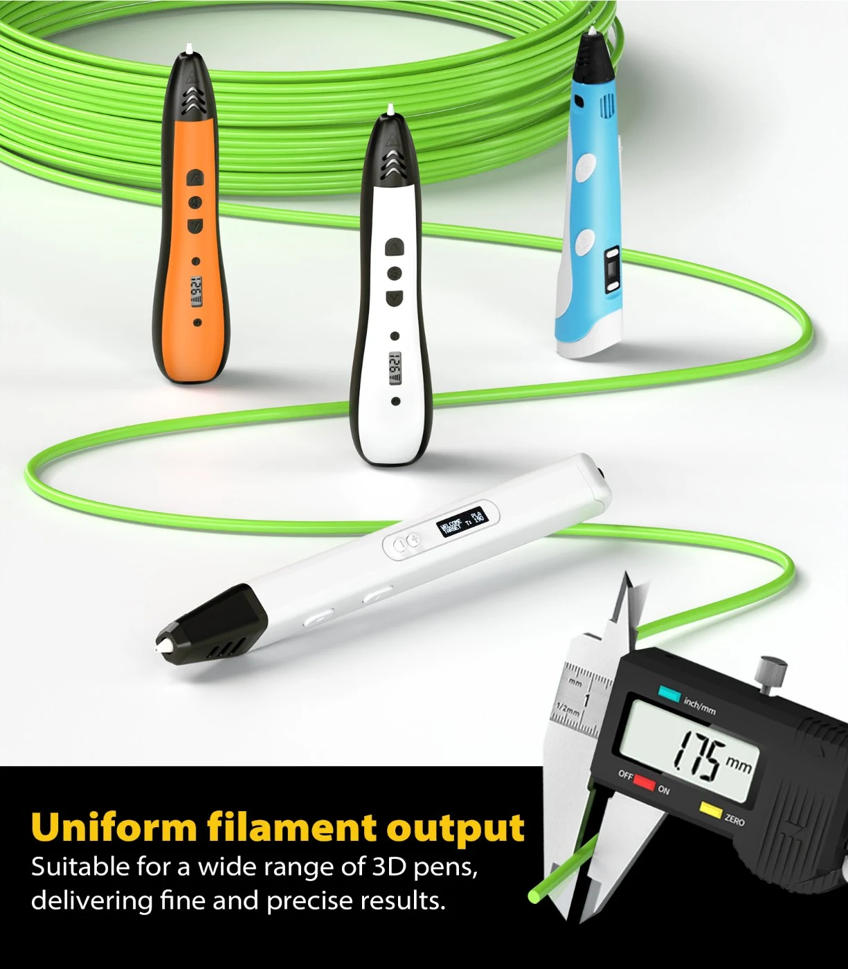 Three 3D pens lying on green filament
