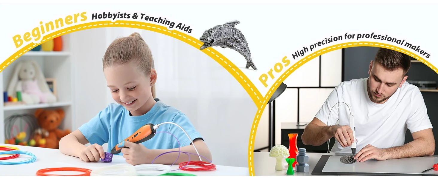 A girl drawing with an orange 3D pen at a table