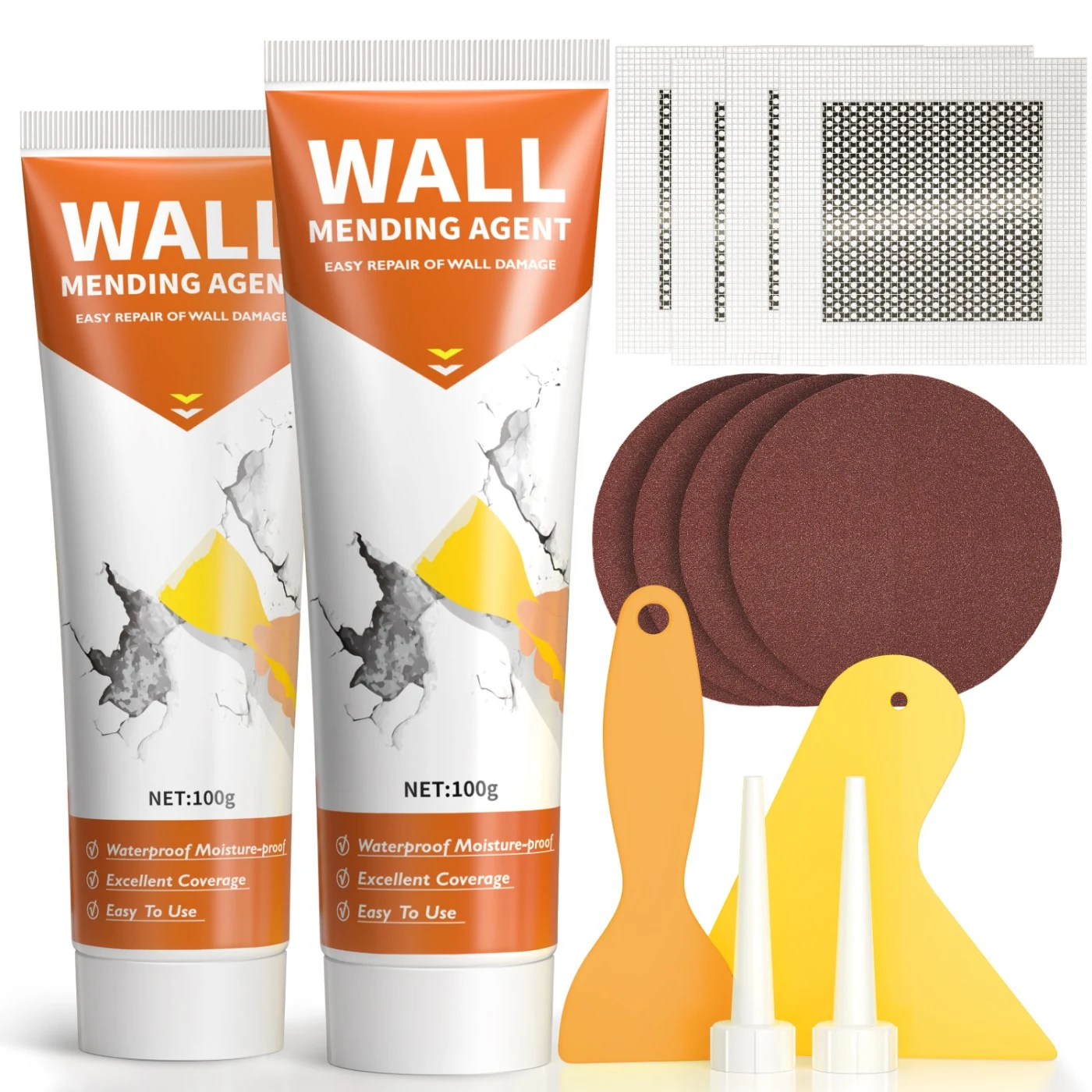 Wall repair paste with scrapers, sanding discs and mesh patches