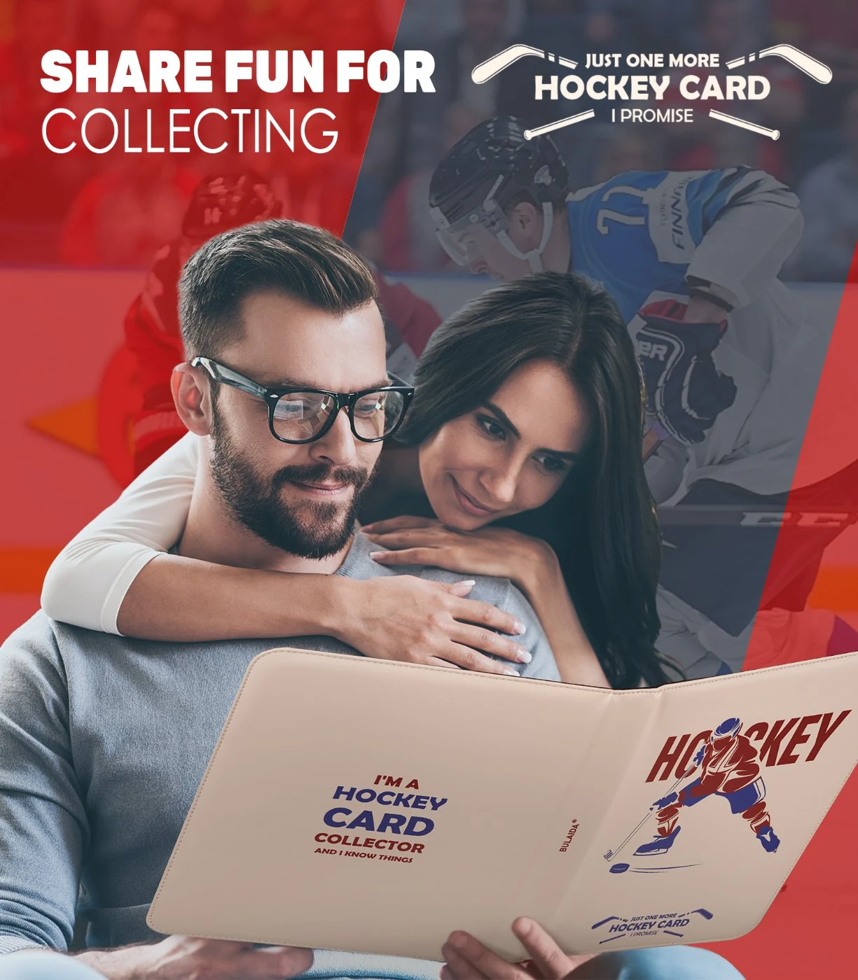 A father and son looking through a hockey card binder