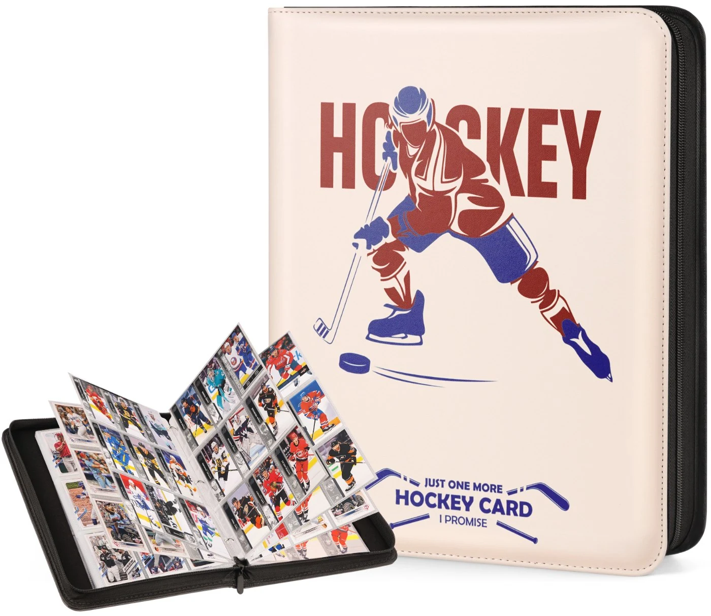 Hockey card binder with a beige cover