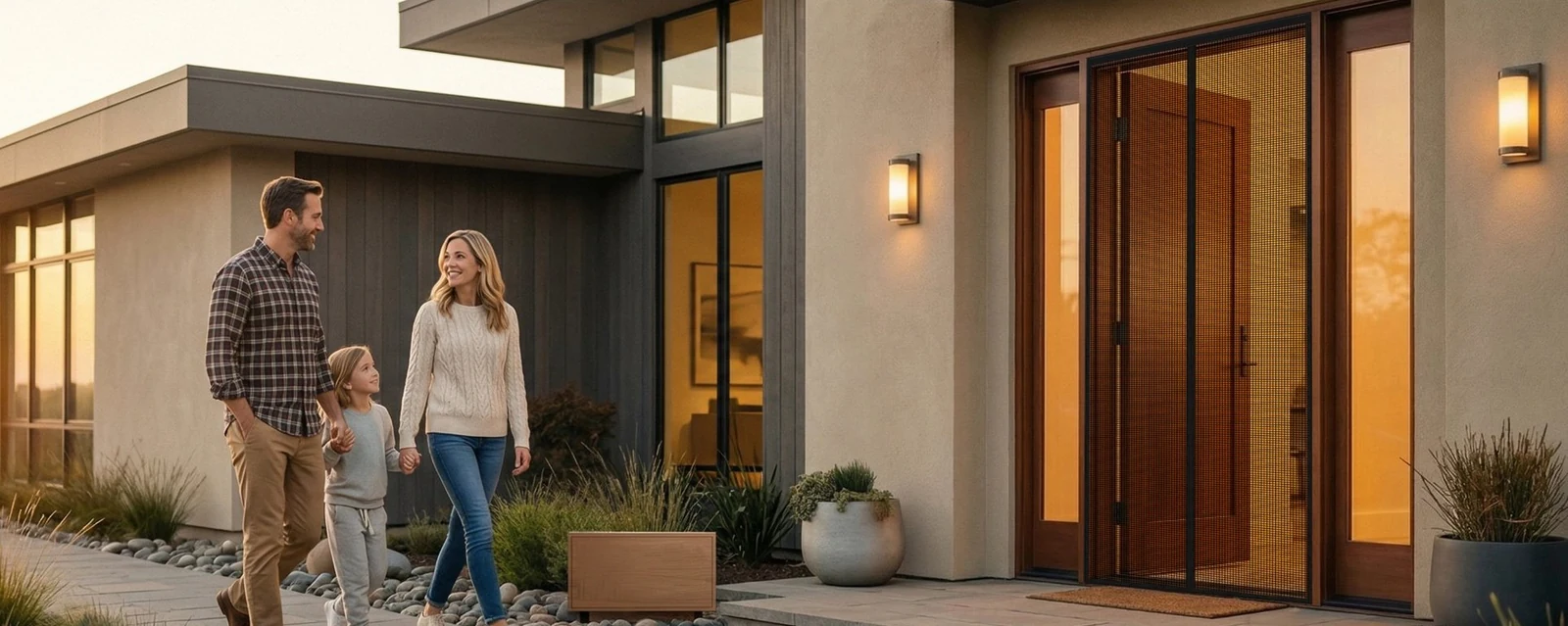 A family walks up to their front door on a summer evening