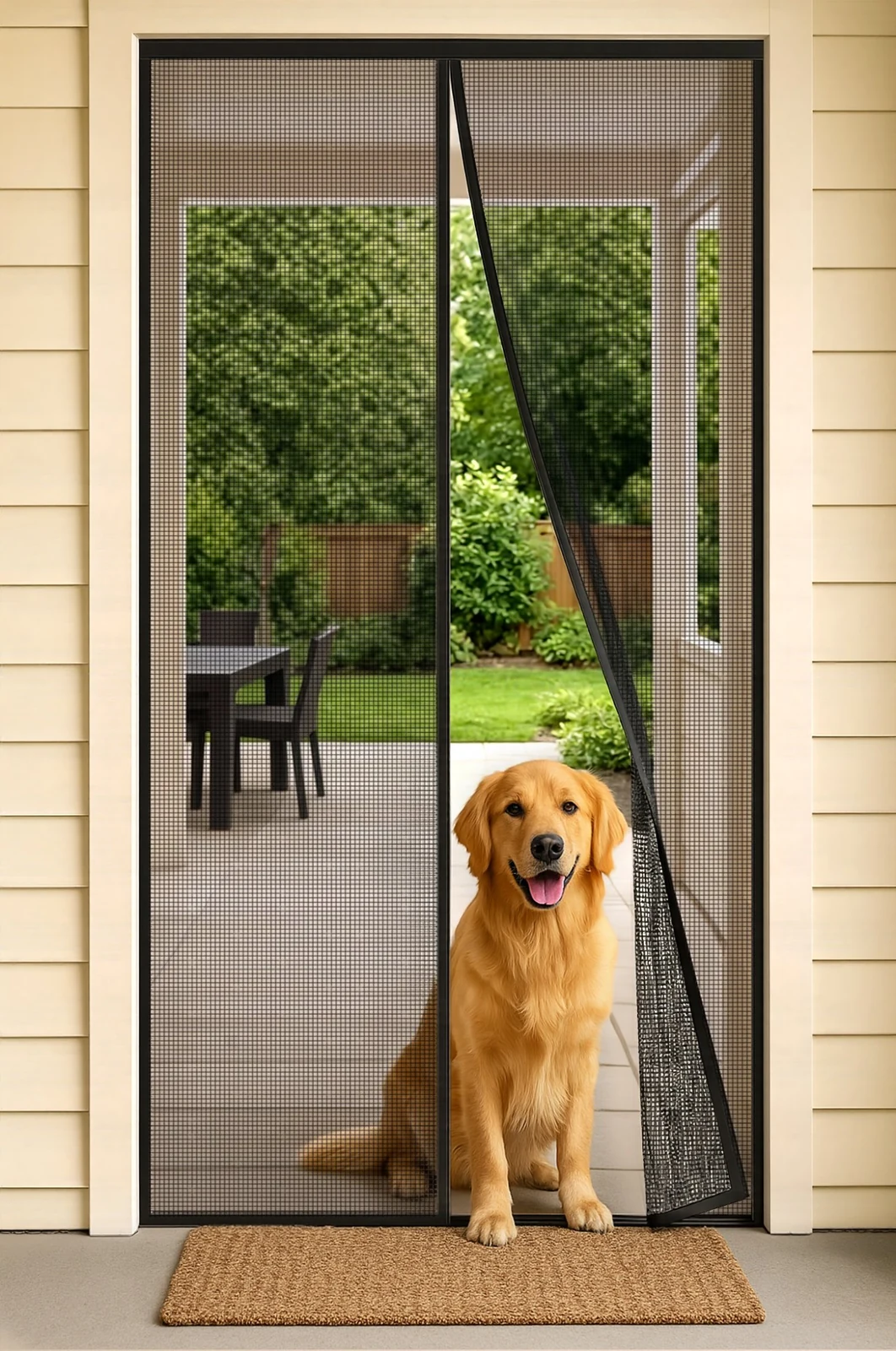 A golden retriever behind a black magnetic screen door