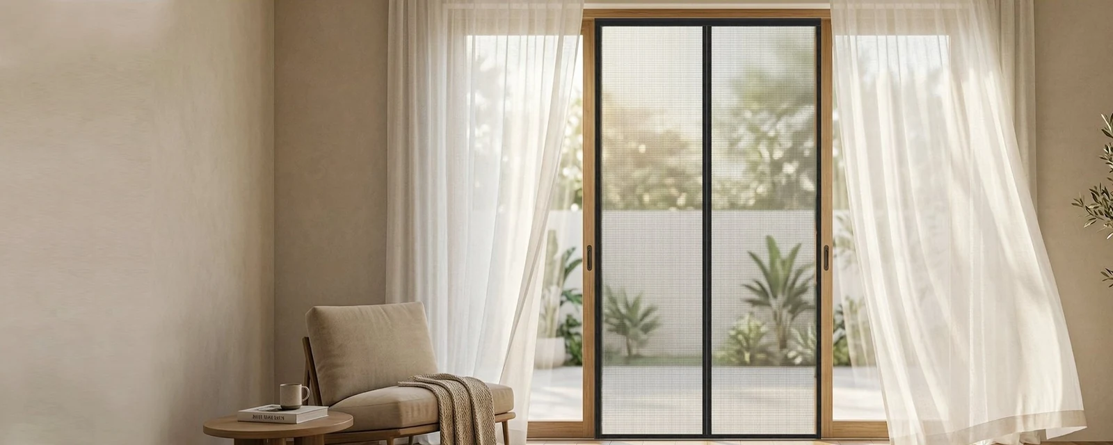 A wide patio door with a black magnetic screen, curtains moving in the breeze