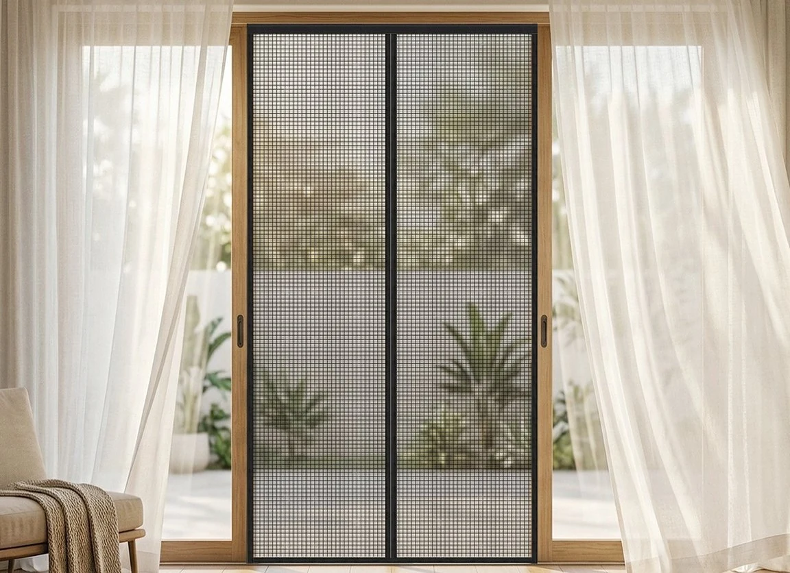 A black magnetic screen door hung in a sunny living room doorway