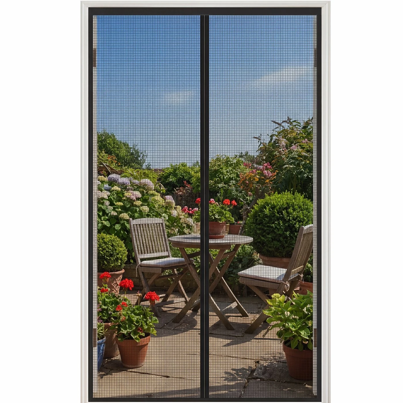 A garden patio seen through a black magnetic screen door